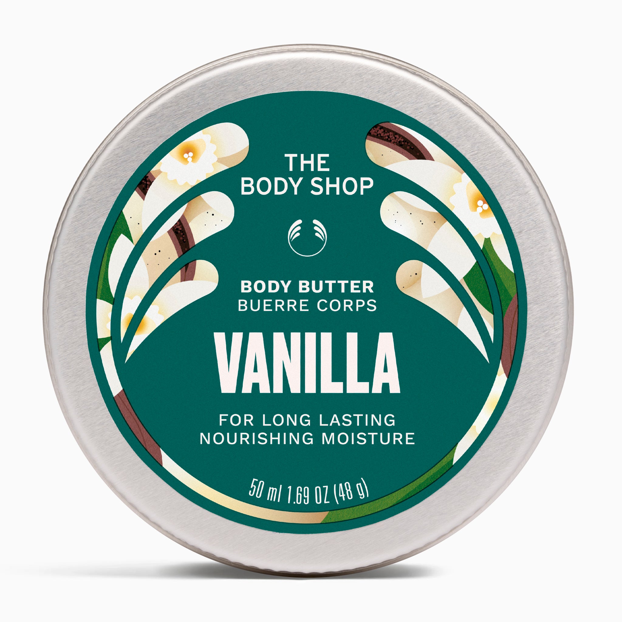 Vanilla body butter container with green label on a white background