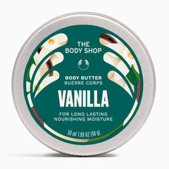 Vanilla body butter container with green label on a white background