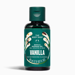 Bottle of The Body Shop Vanilla bath and shower gel on a white background