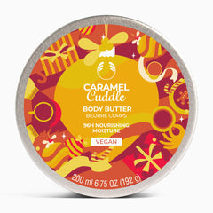 Caramel Cuddle body butter container with colorful design on a white background