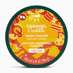 Caramel Cuddle body yogurt container with colorful design on a white background