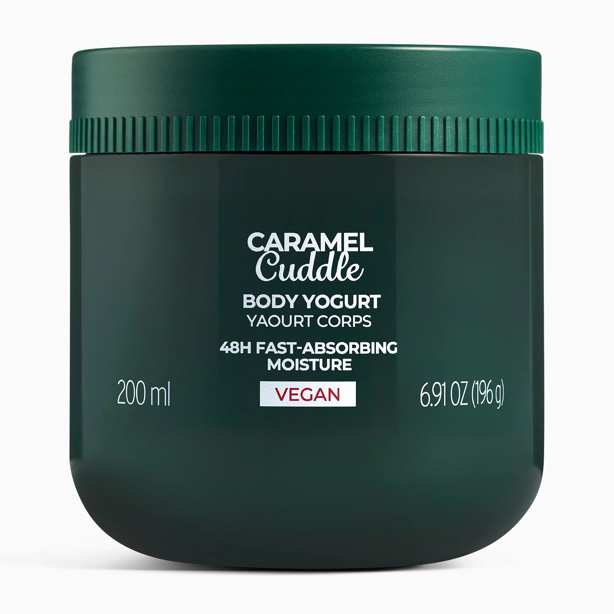 Green jar of Caramel Cuddle Body Yogurt with a white label on a white background