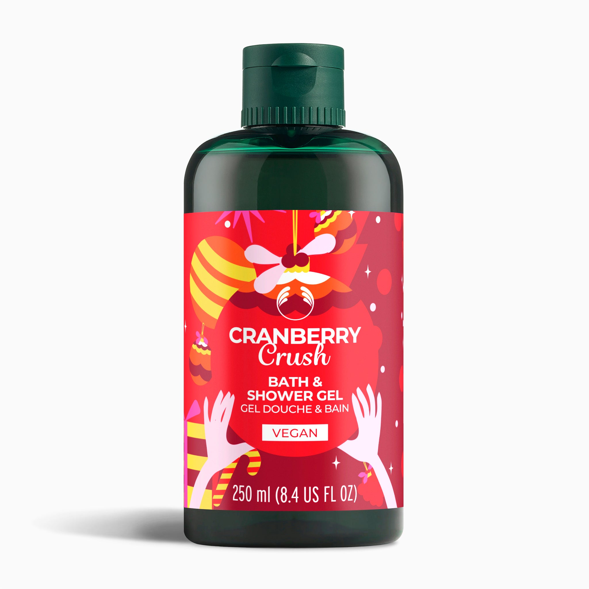 A red and green bottle of Cranberry Crush Bath & Shower Gel