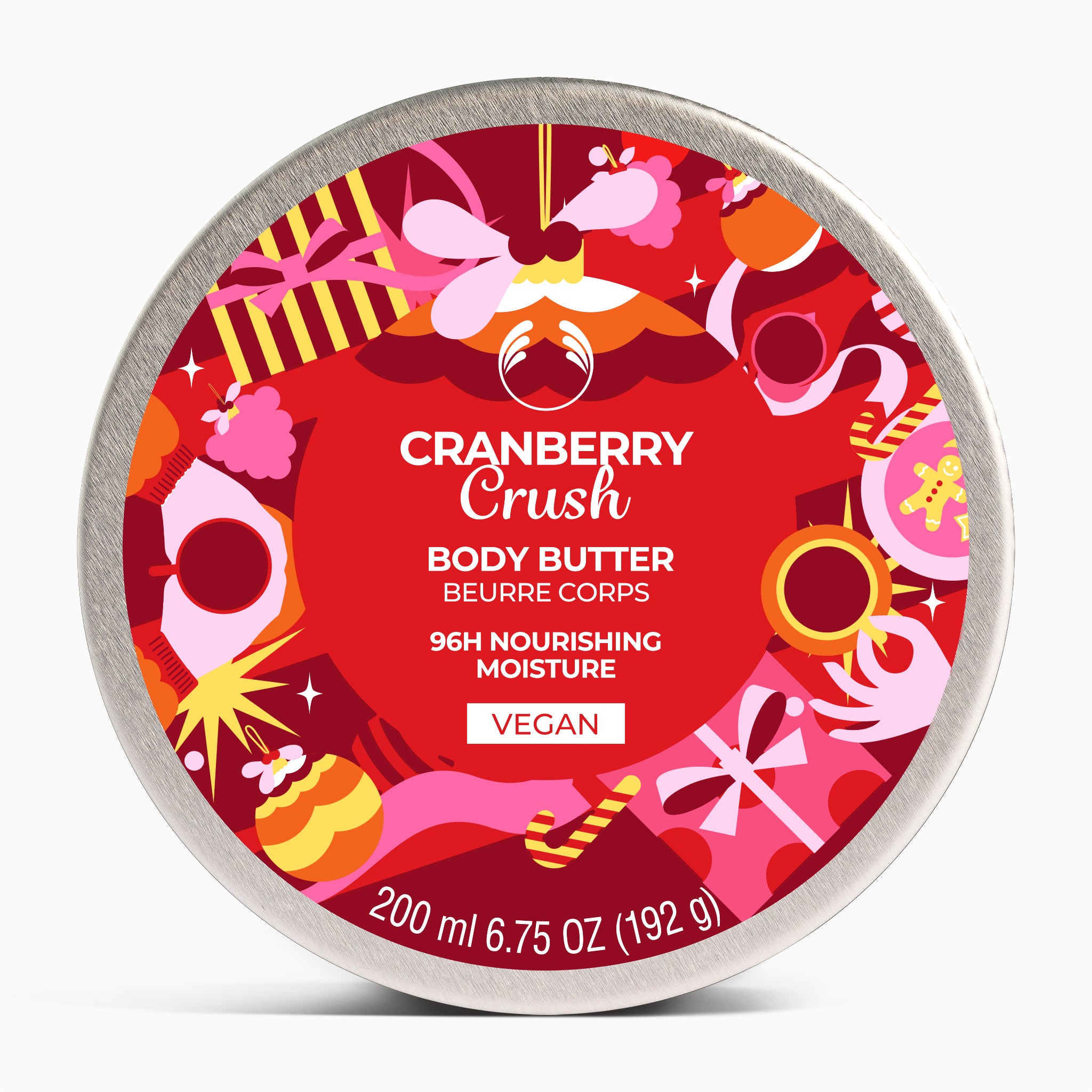 Cranberry Crush body butter container with festive design on a white background