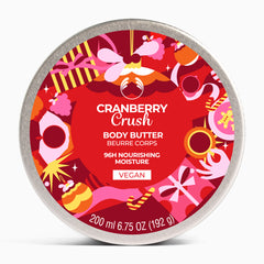 Cranberry Crush body butter container with festive design on a white background