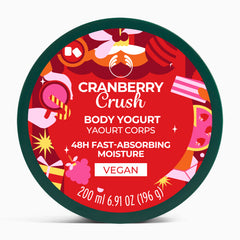 A decorative red, pink and green product label with The Body Shop logo with Cranberry Crush Body Yogurt