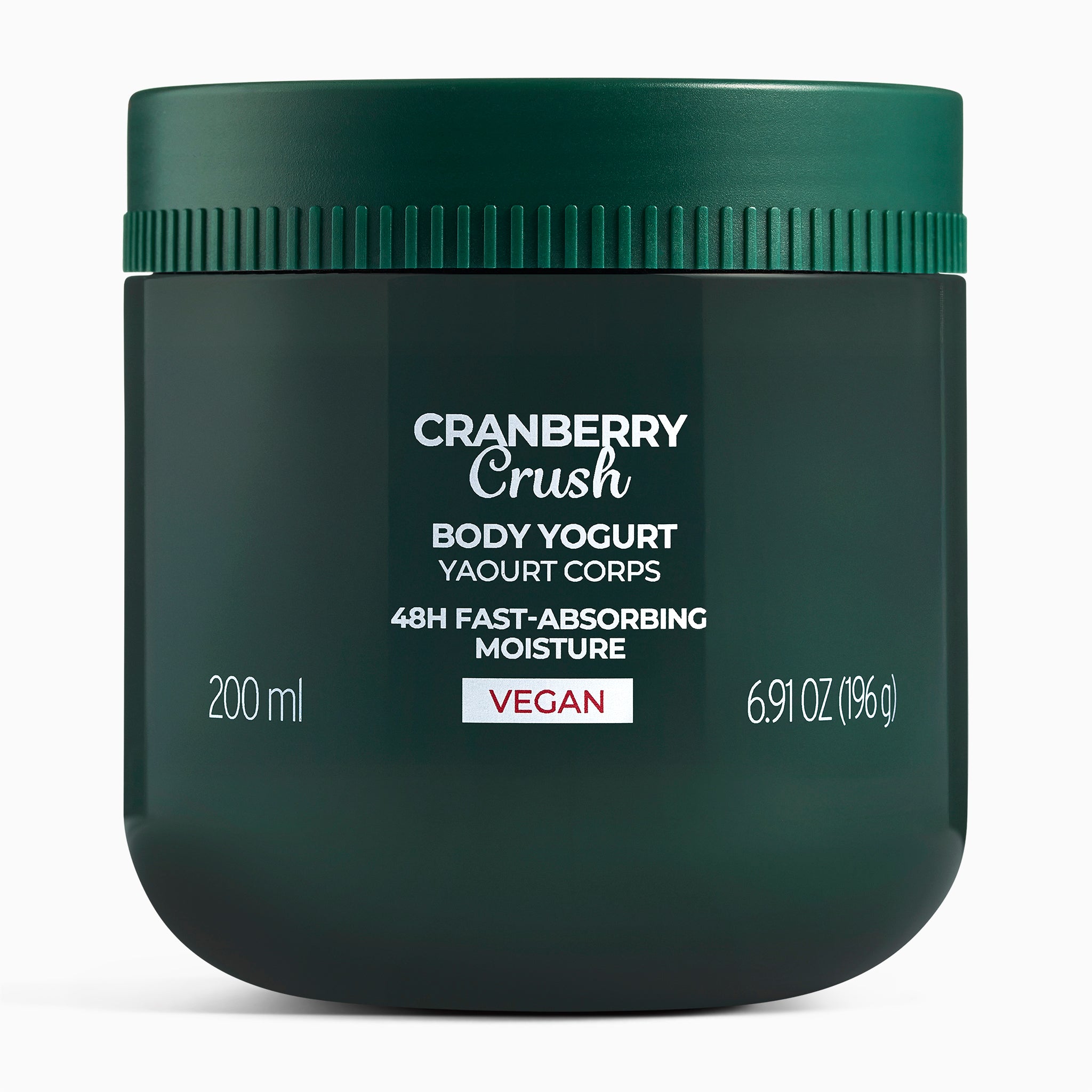 Green jar with product title Cranberry Crush Body Yogurt 48H fast-absorbing moisture Vegan 200ml