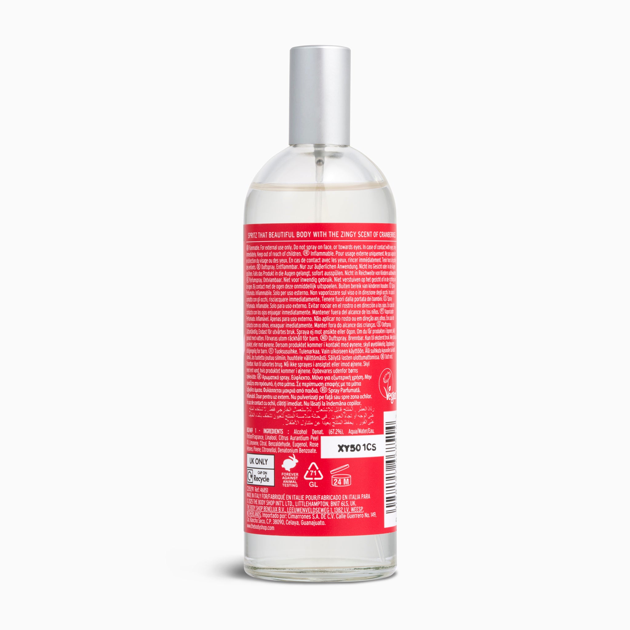 Clear bottle with a red label on a white background