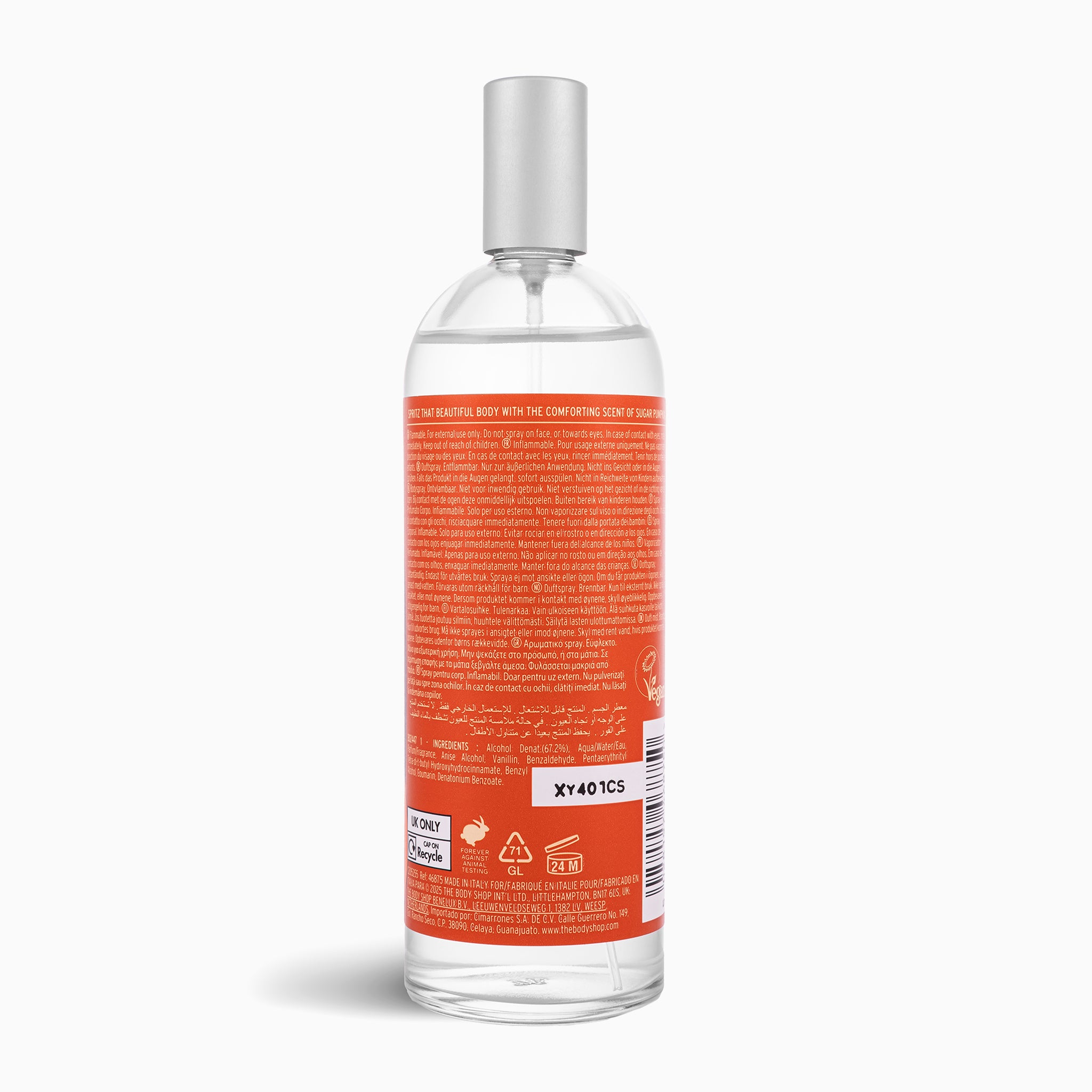 Clear bottle with a red label on a white background