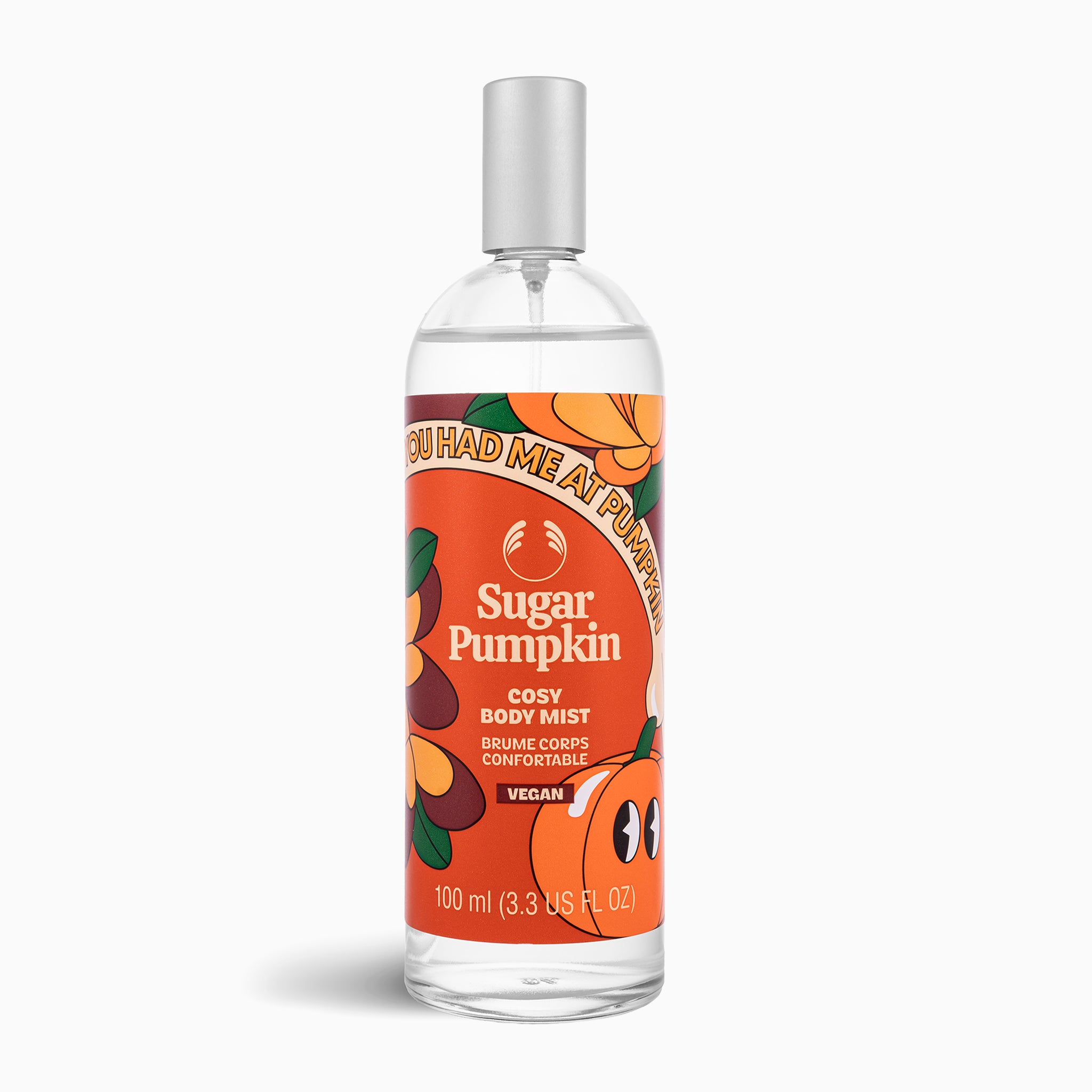 Sugar Pumpkin body mist bottle with orange label on a white background