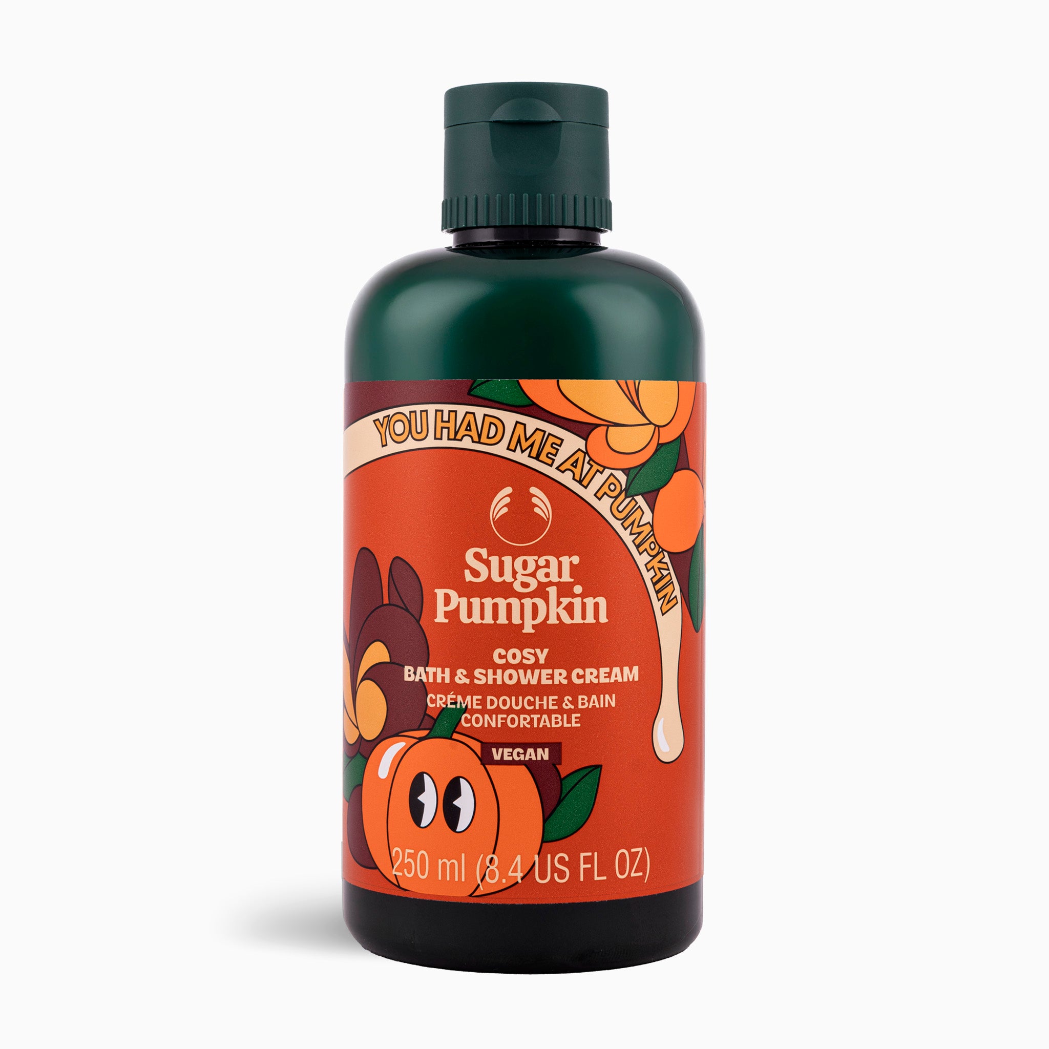 Bottle of Sugar Pumpkin cosy bath & shower cream on a white background