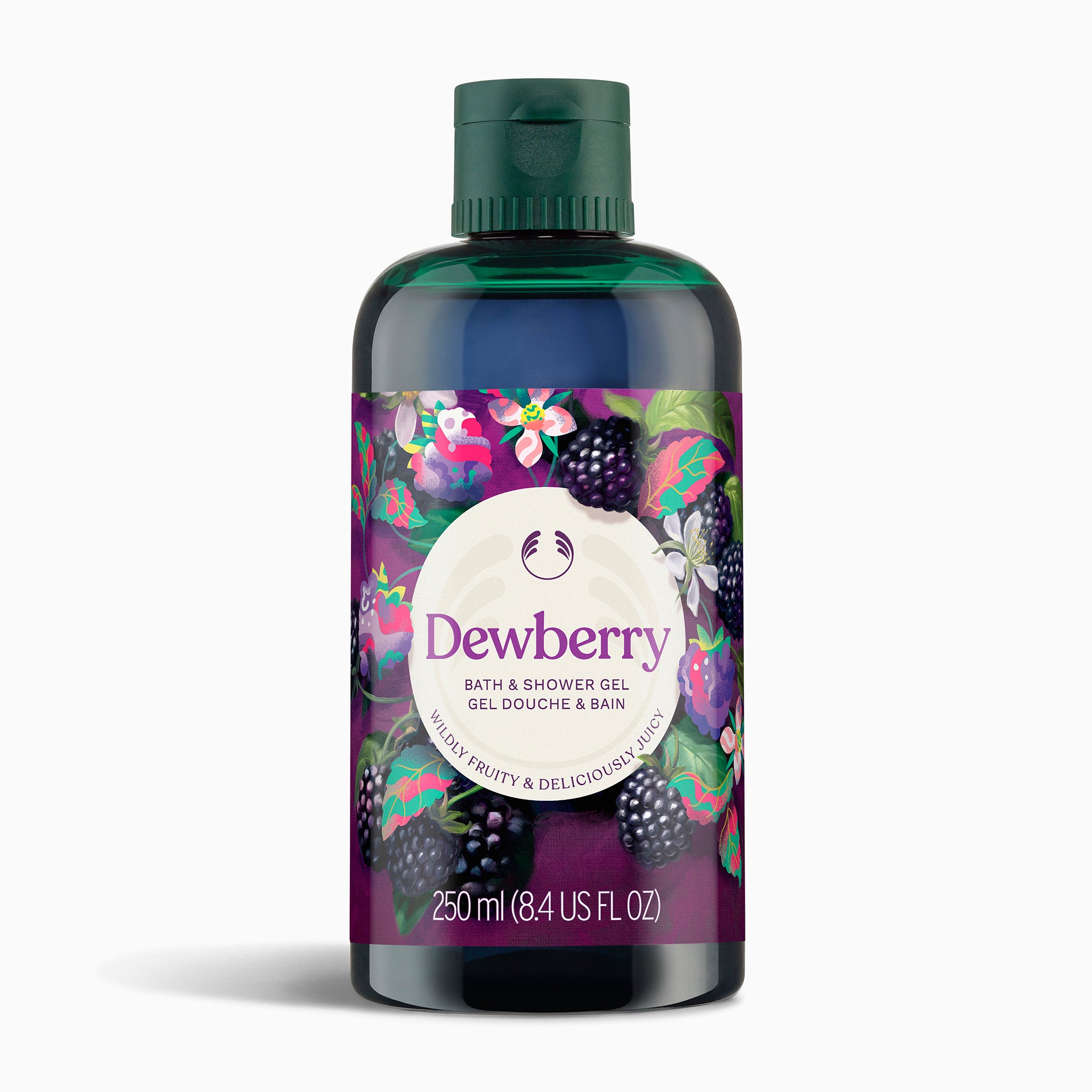 Dewberry bath and shower gel bottle with a colorful label on a white background