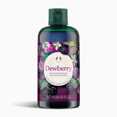 Dewberry bath and shower gel bottle with a colorful label on a white background