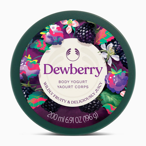 Dewberry body yogurt container with colorful berry design on a white background