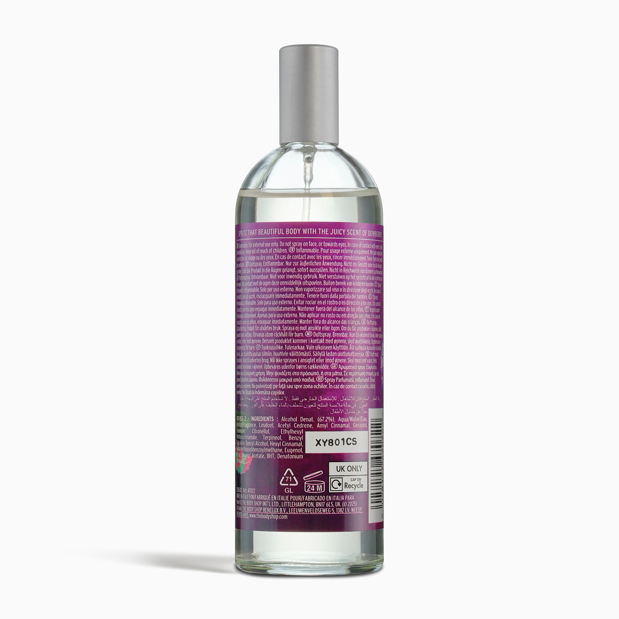 Clear bottle with purple label on a white background