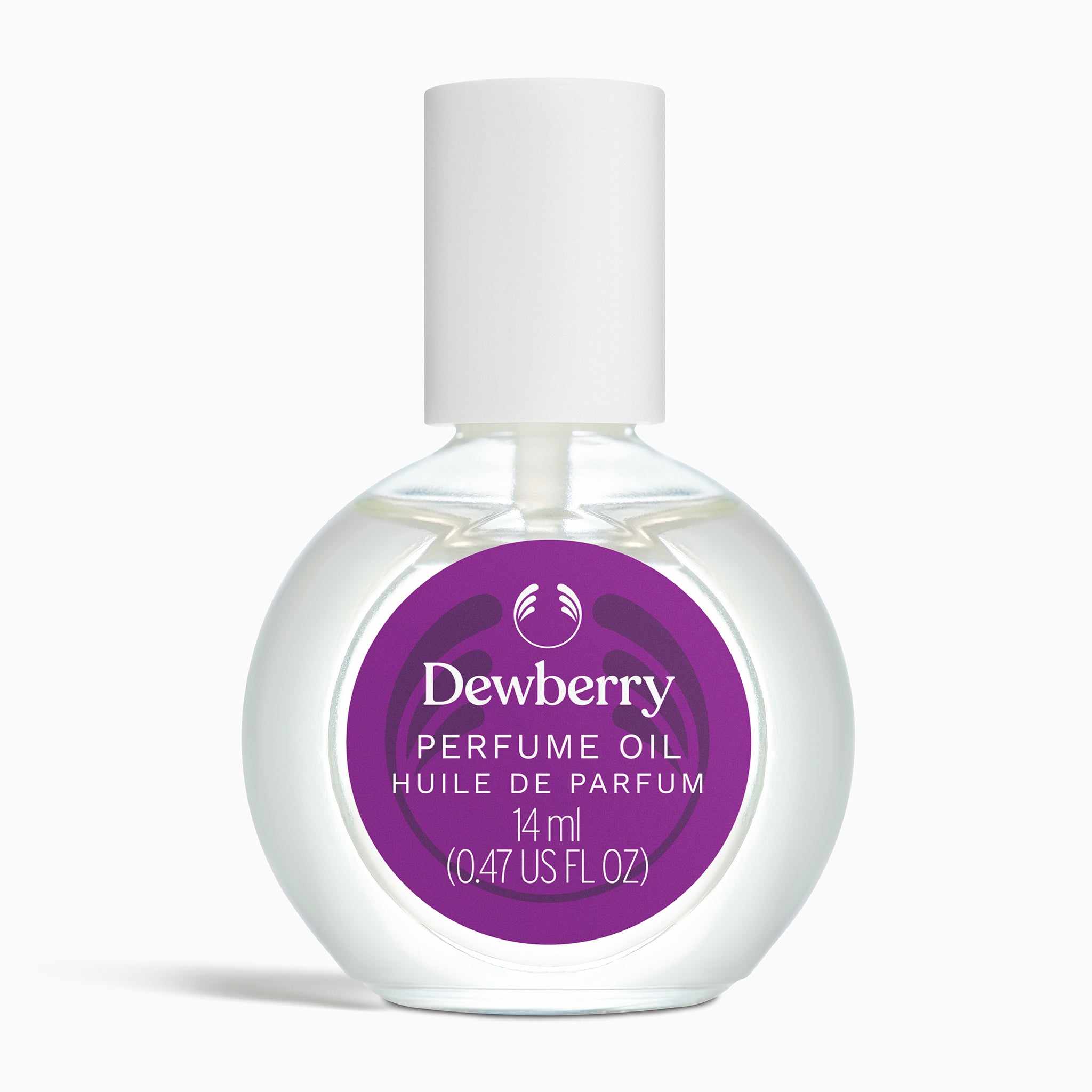Dewberry perfume oil bottle with purple label on a white background