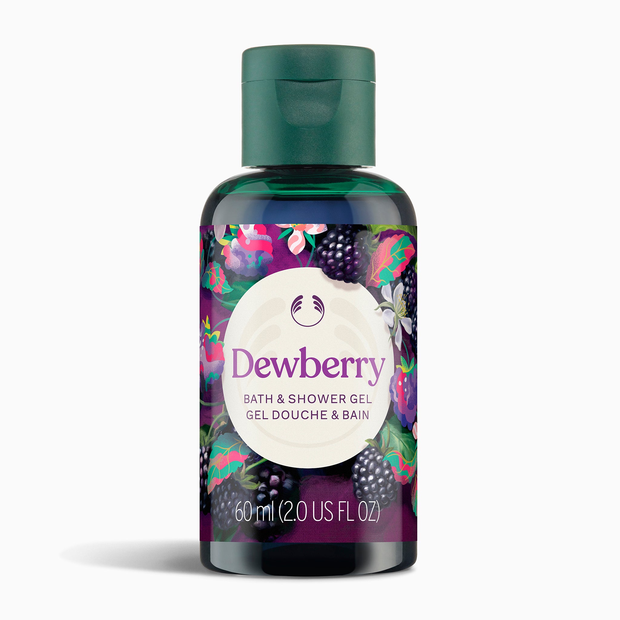 Dewberry bath and shower gel bottle with colorful label on a white background