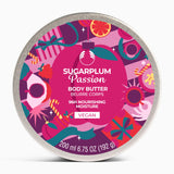 Body butter container with colorful design and 'Sugarplum Passion' text on a white background