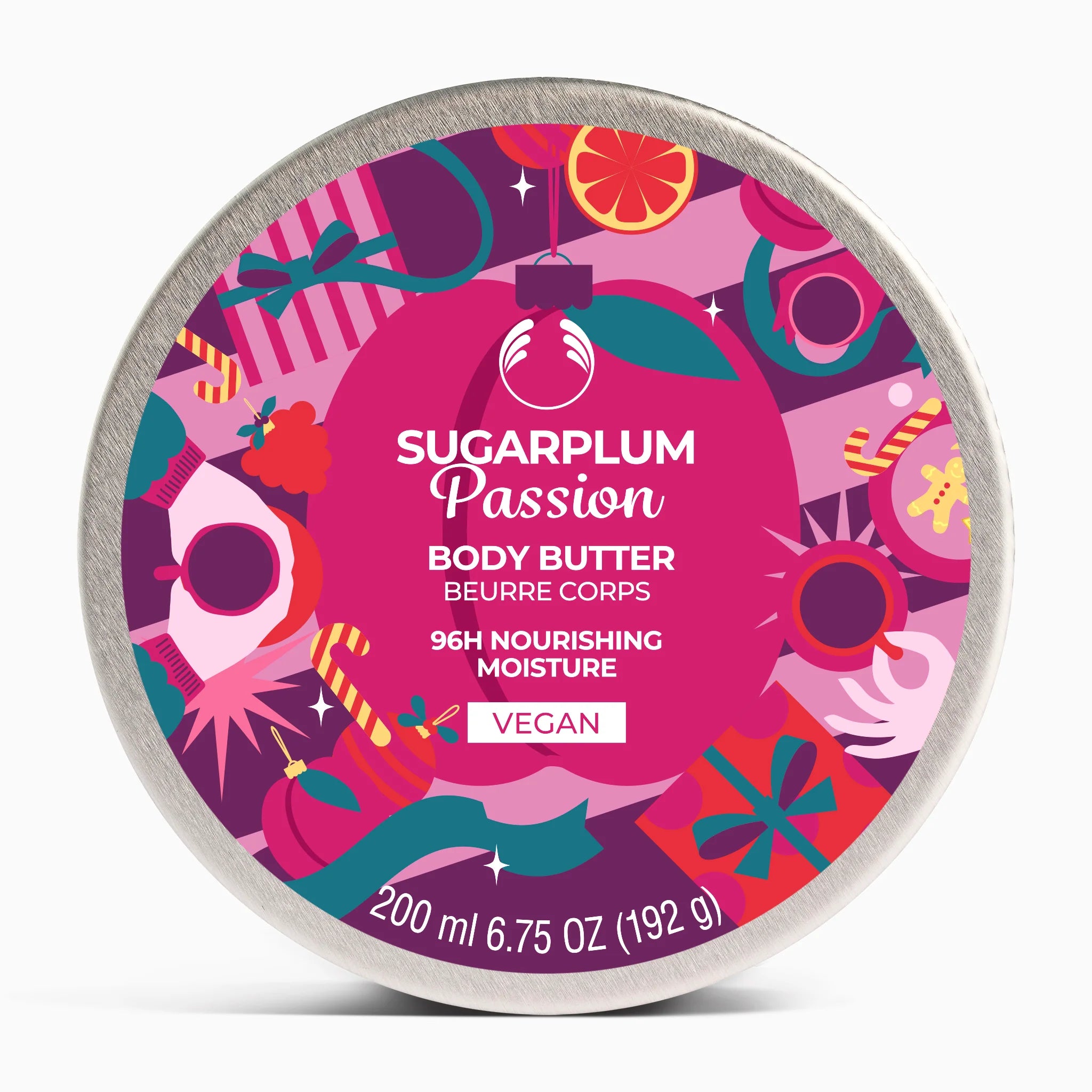 Body butter container with colorful design and 'Sugarplum Passion' text on a white background