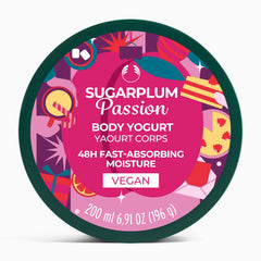 Container of Sugarplum Passion body yogurt with colorful design on a white background