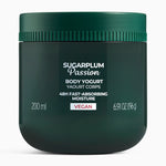 Green jar of Sugarplum Passion body yogurt on a white background