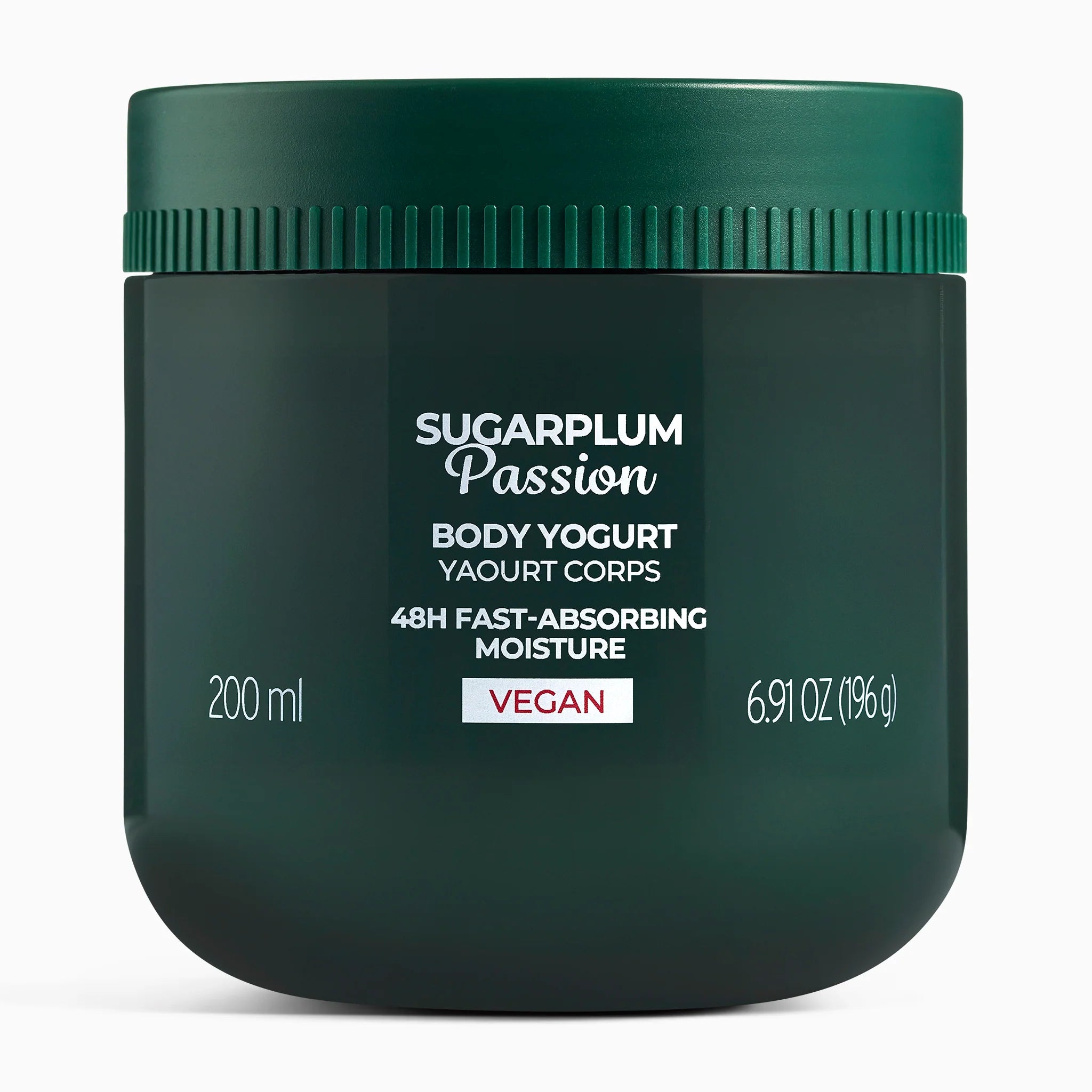 Green jar of Sugarplum Passion body yogurt on a white background