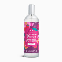 Body mist bottle with colorful label on a white background