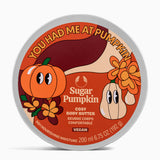 Cosy body butter container with cartoon pumpkins and leaves on a white background