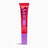 Lip balm tube with red and purple design on a white background