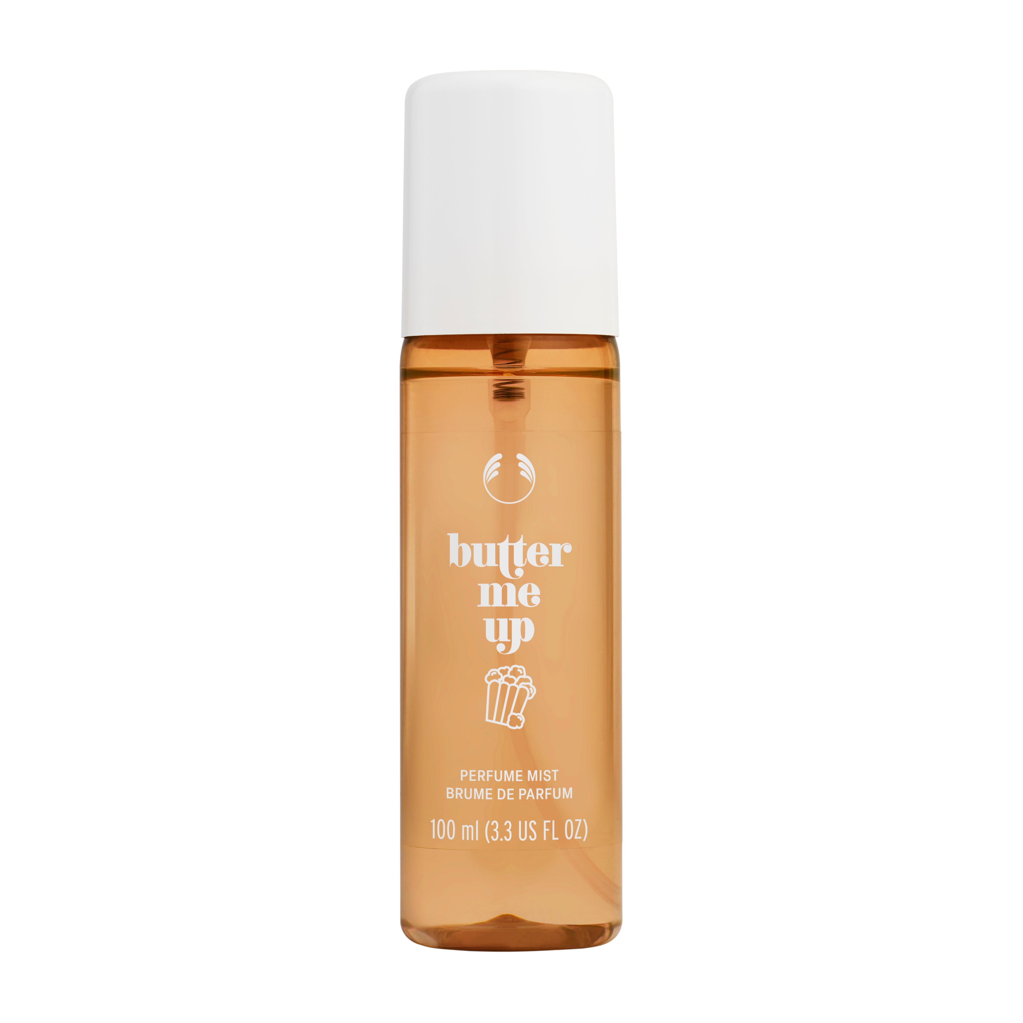 Perfume mist bottle labeled ' butter me up' on a white background