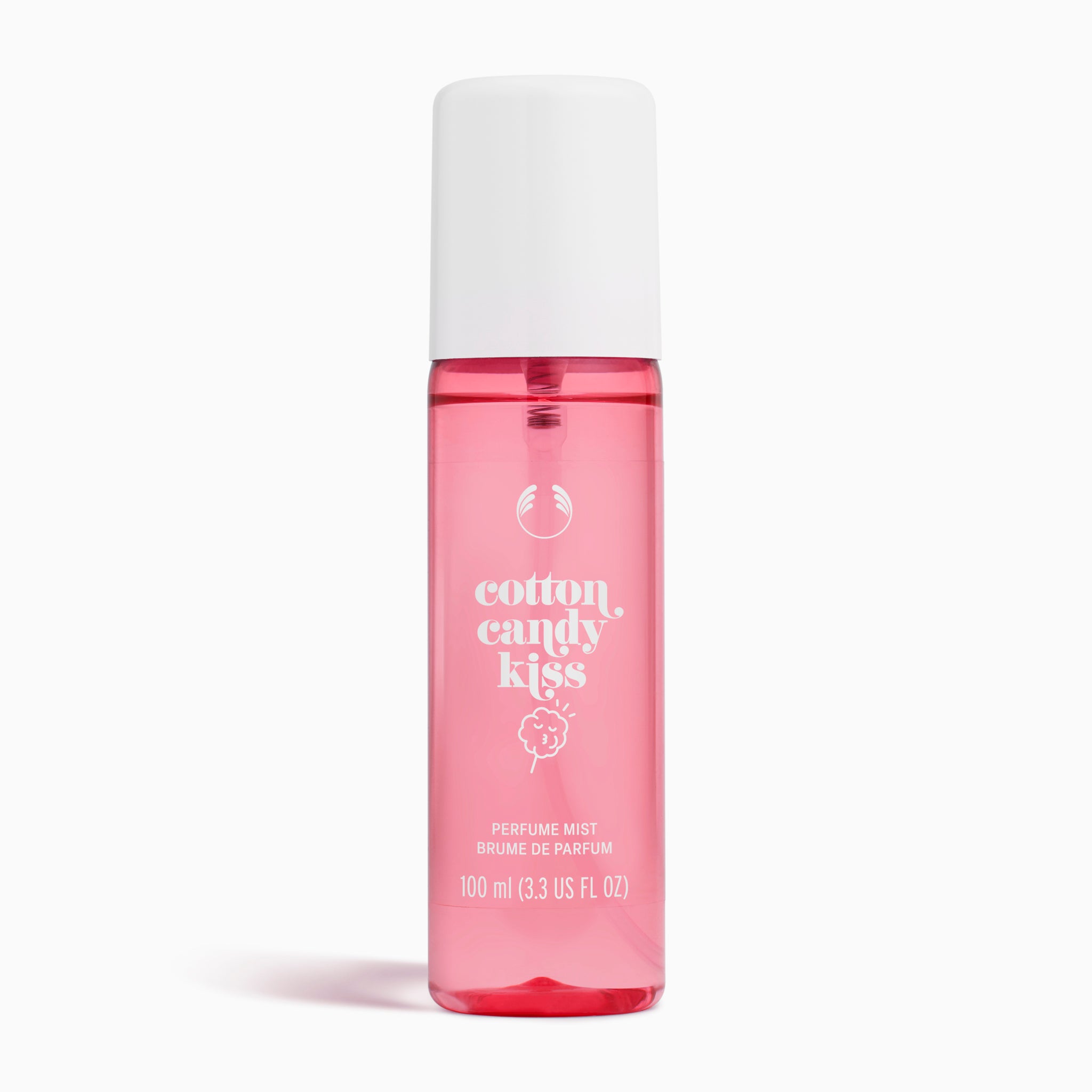 Pink perfume mist bottle with white cap on a white background