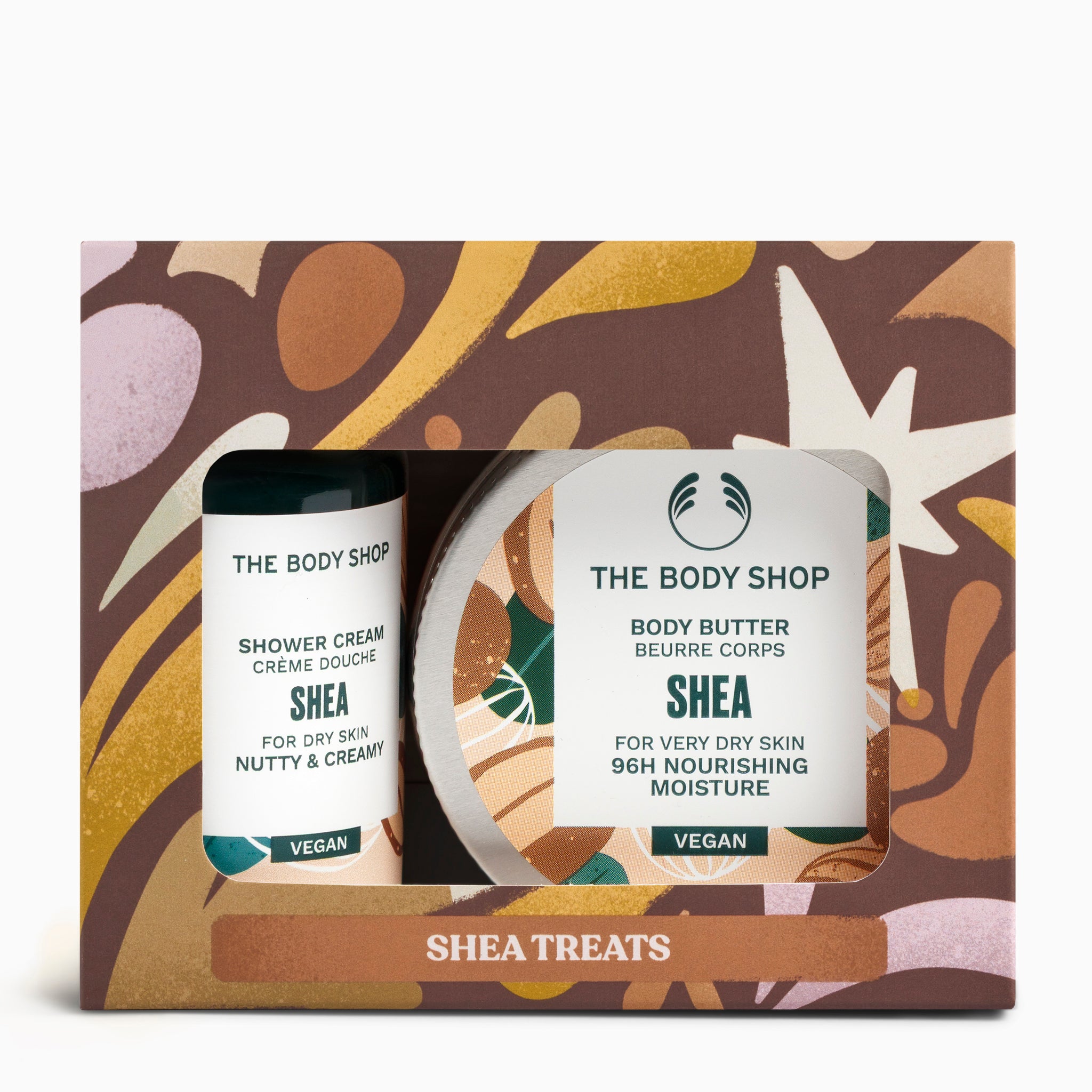 The Body Shop Shea Treats set with shower cream and body butter in a decorative box.