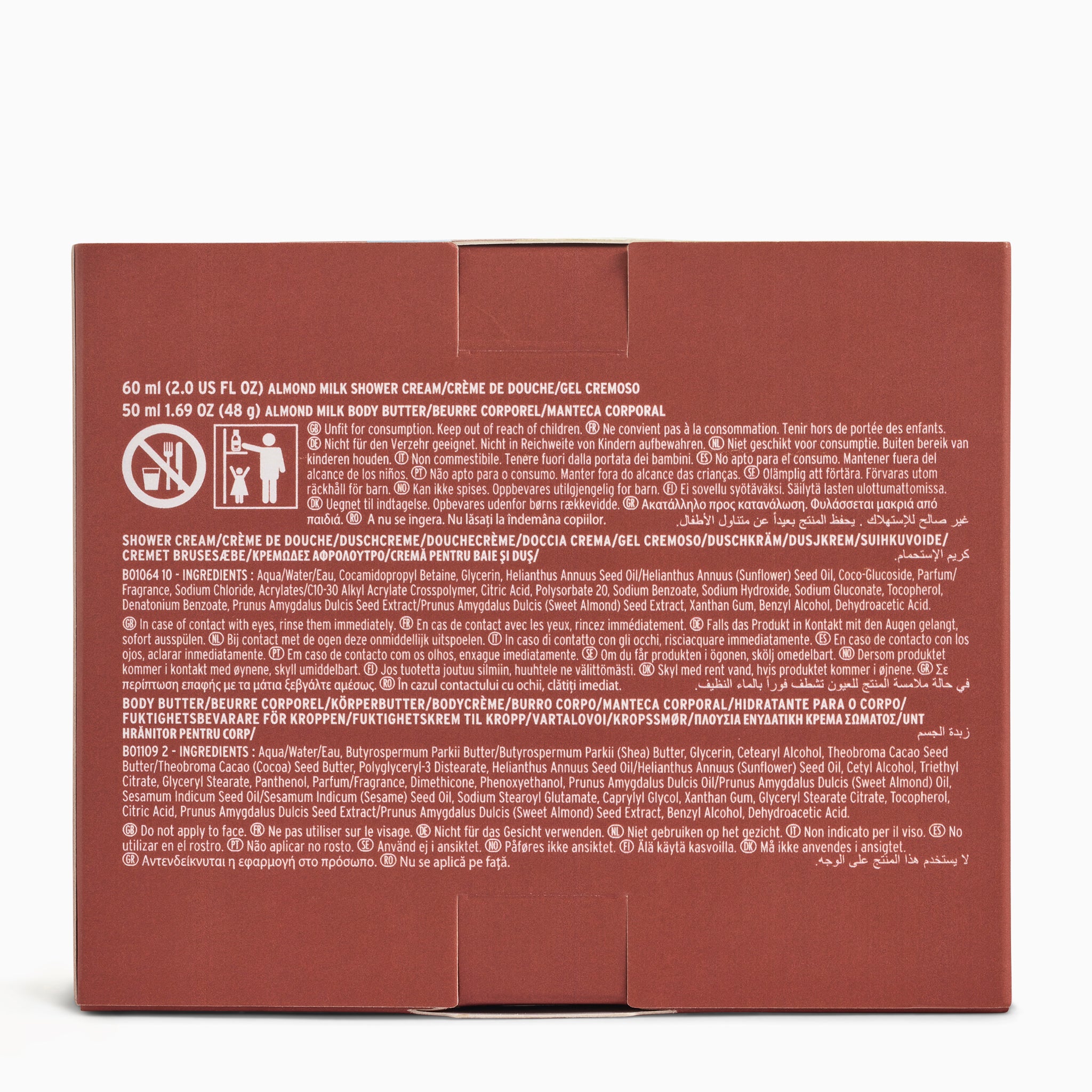 Back of a product packaging with text and icons on a white background