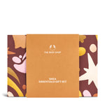 The Body Shop Shea Essentials gift set packaging with floral designs on a white background