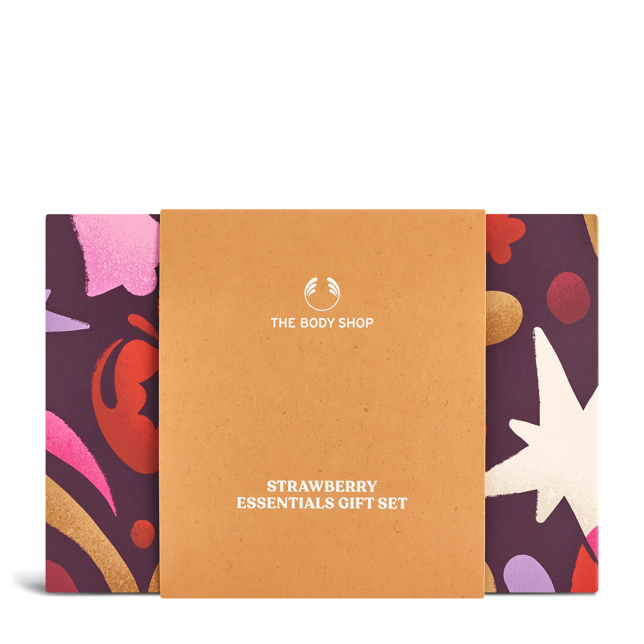 The Body Shop Strawberry Essentials gift set packaging with colorful design on a white background