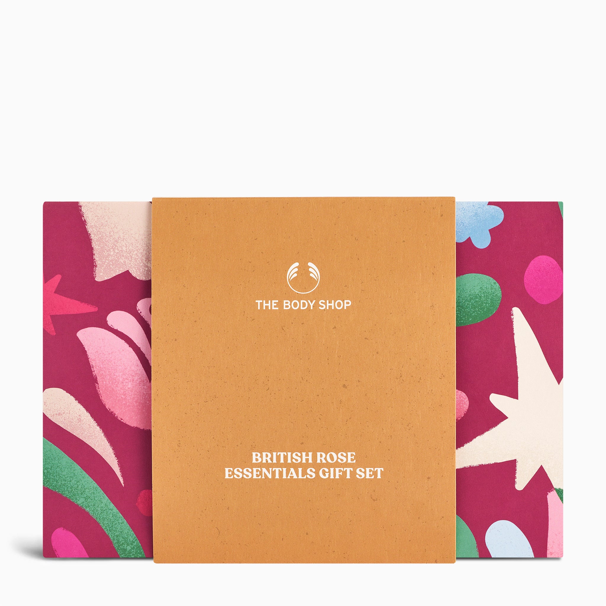The Body Shop British Rose Essentials gift set packaging with floral designs on a white background