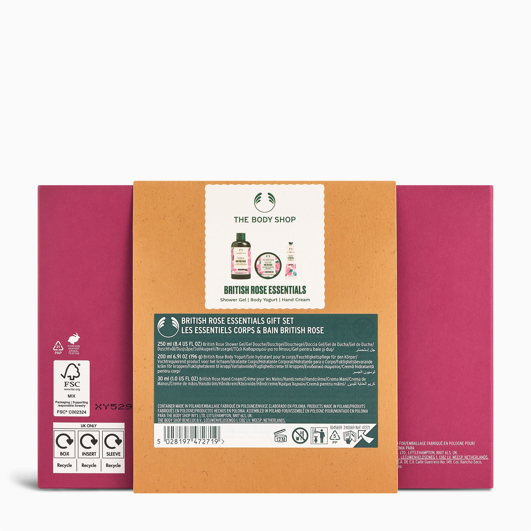 The Body Shop British Rose Essentials gift set packaging on a white background