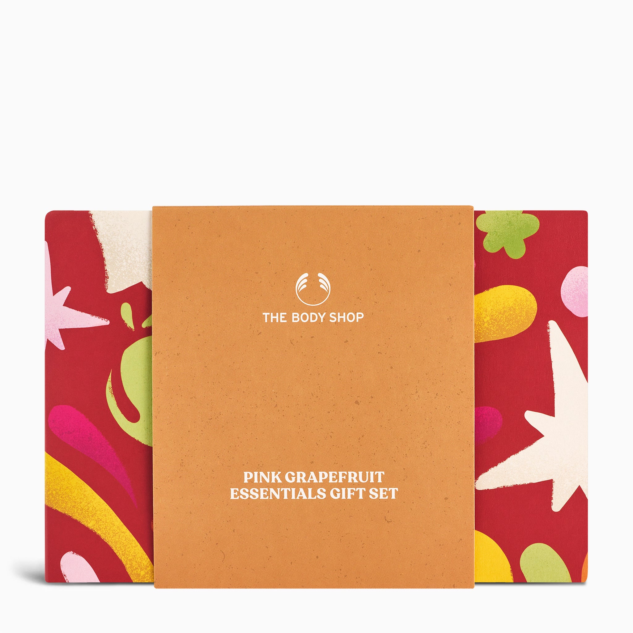 Gift set packaging with 'The Body Shop' logo and colorful design on a white background