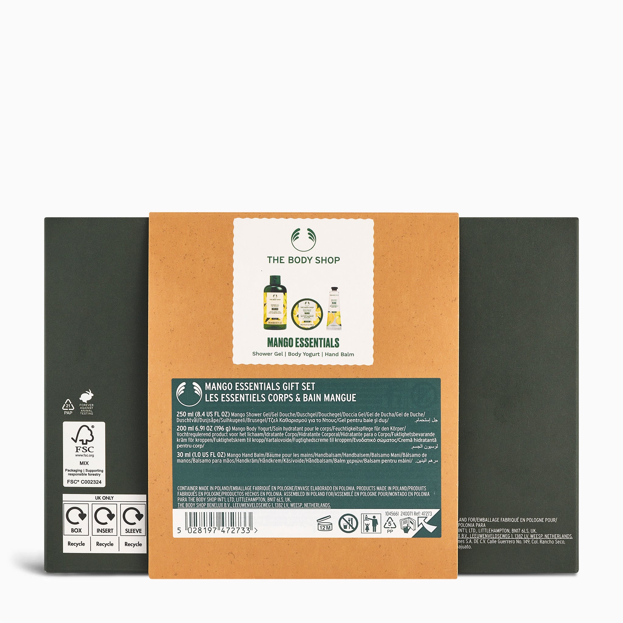 Back view of a The Body Shop Mango Essentials gift set packaging on a white background