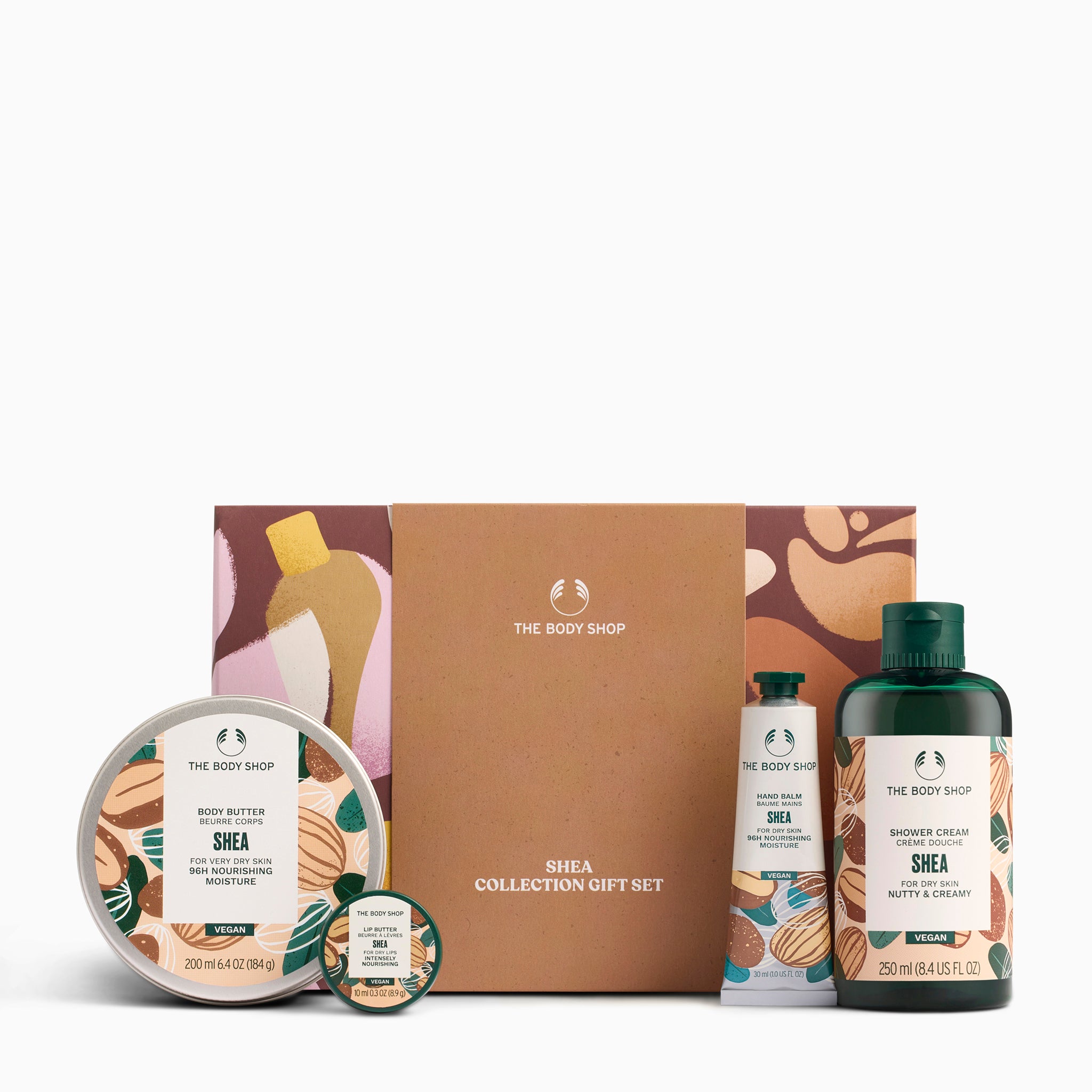 The Body Shop Shea Collection gift set with various products on a white background