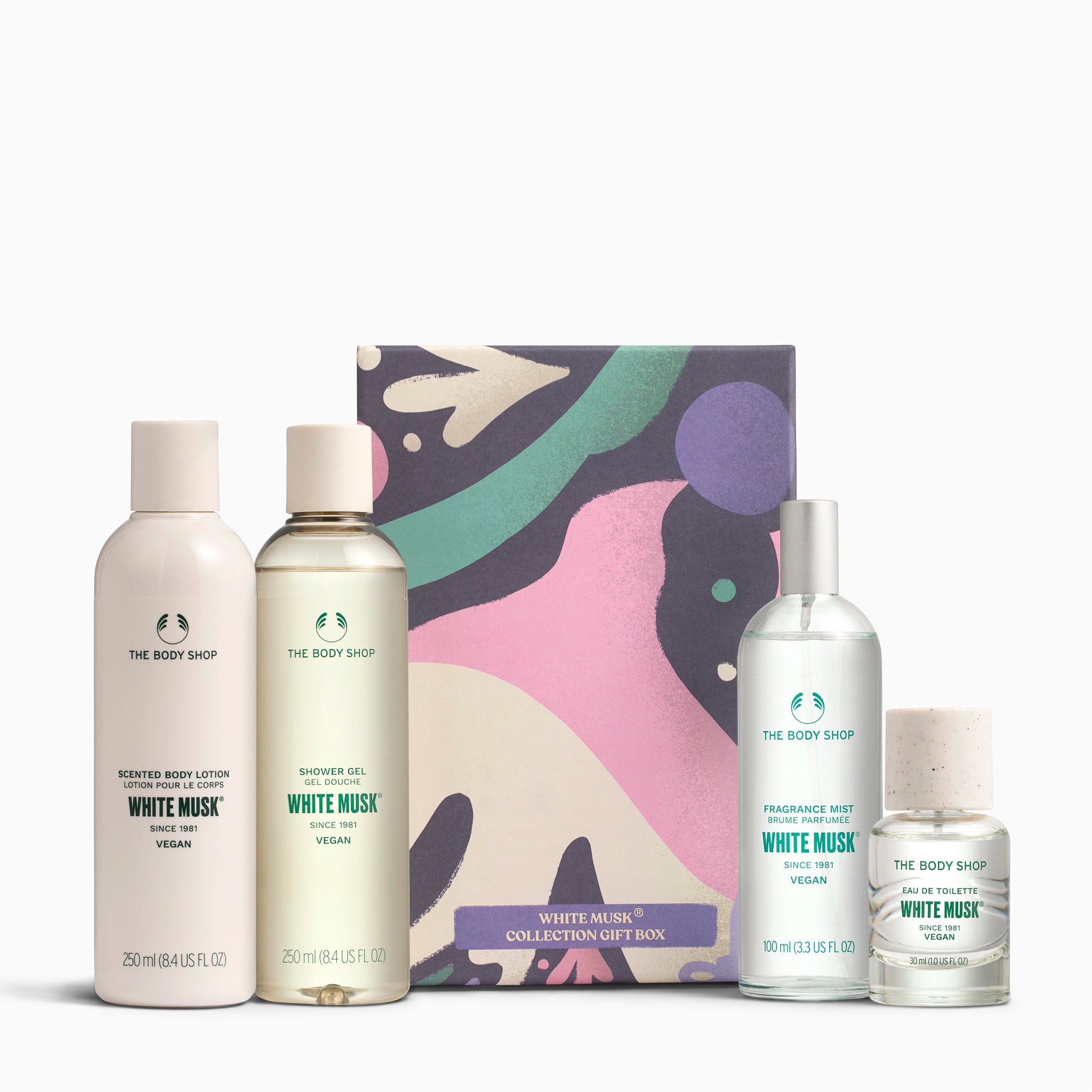 The Body Shop White Musk collection with bottles and a gift box on a white background