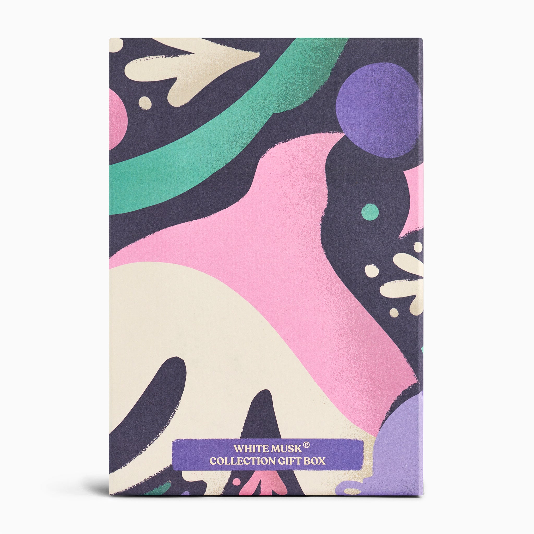Gift box with abstract design and 'White Musk Collection' text on a white background