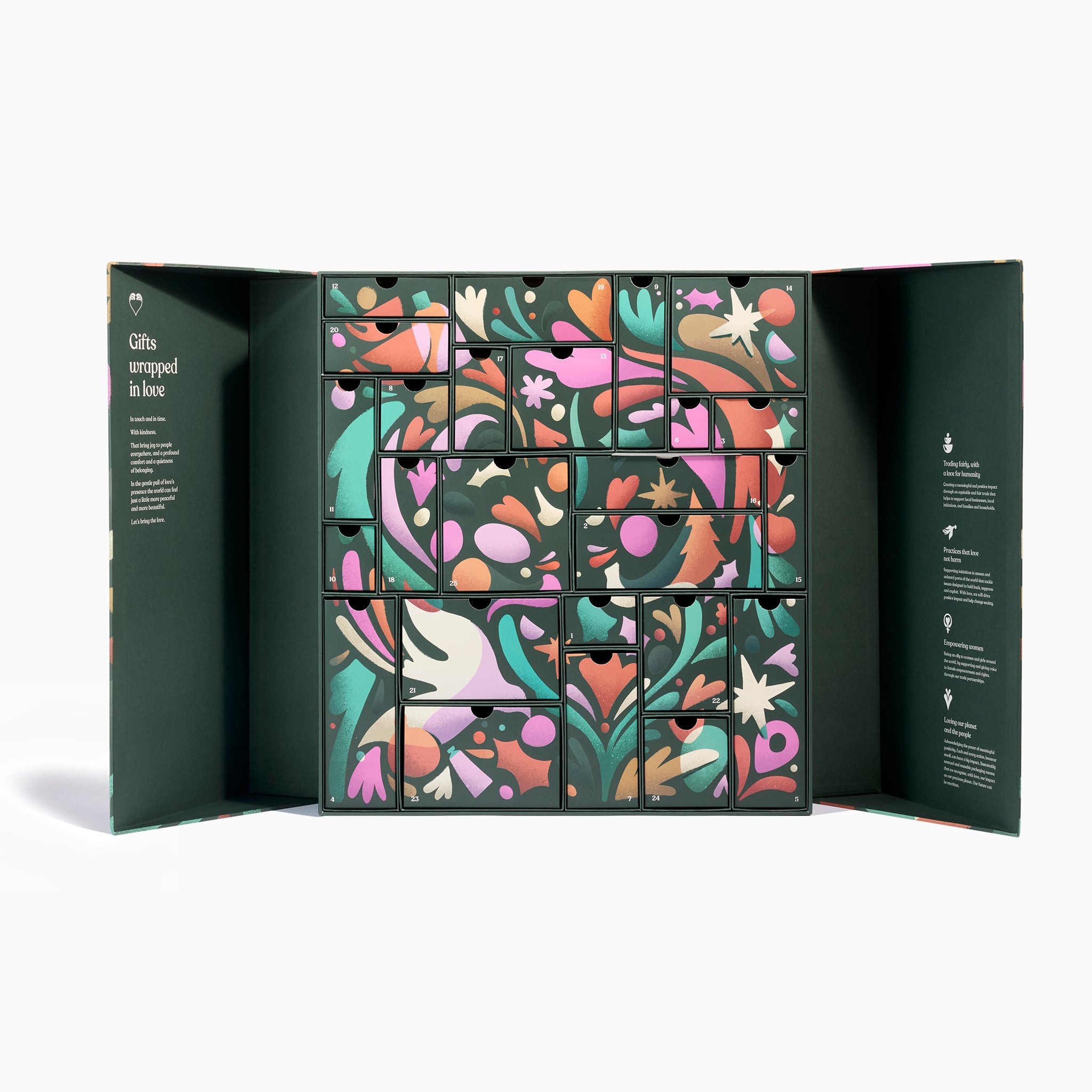 Advent calendar with colorful floral designs on a white background