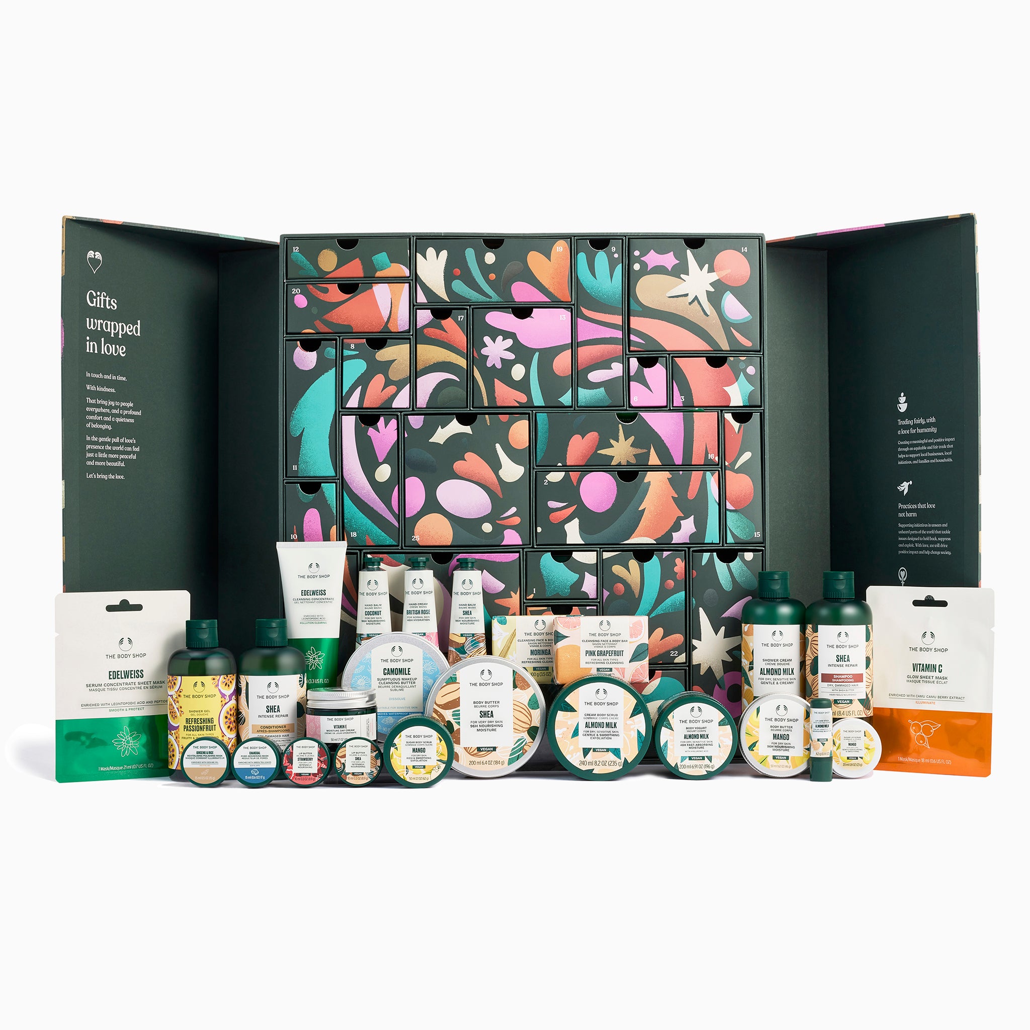 Cosmetic advent calendar with various products displayed in front