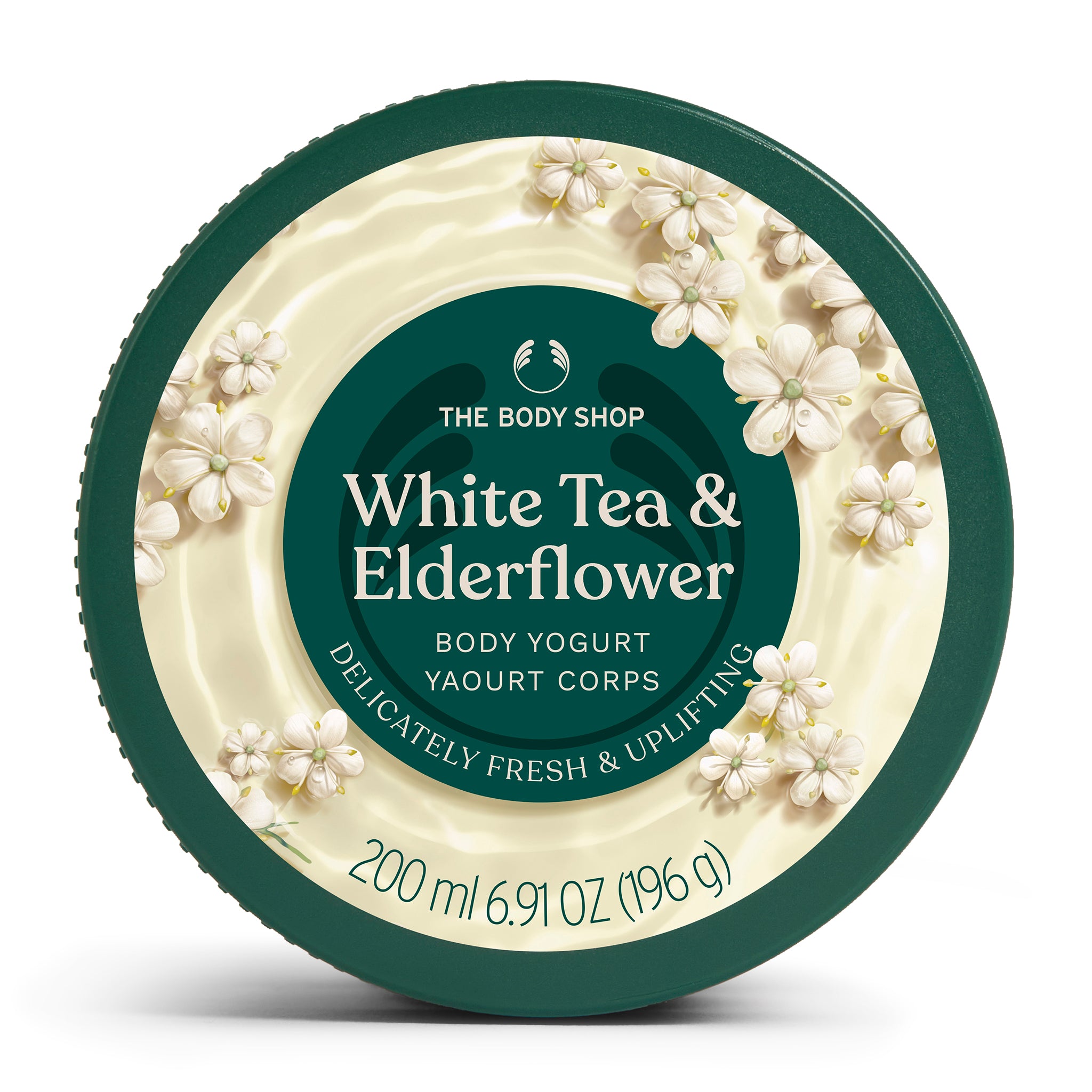 The Body Shop White Tea & Elderflower body yogurt container on a white background