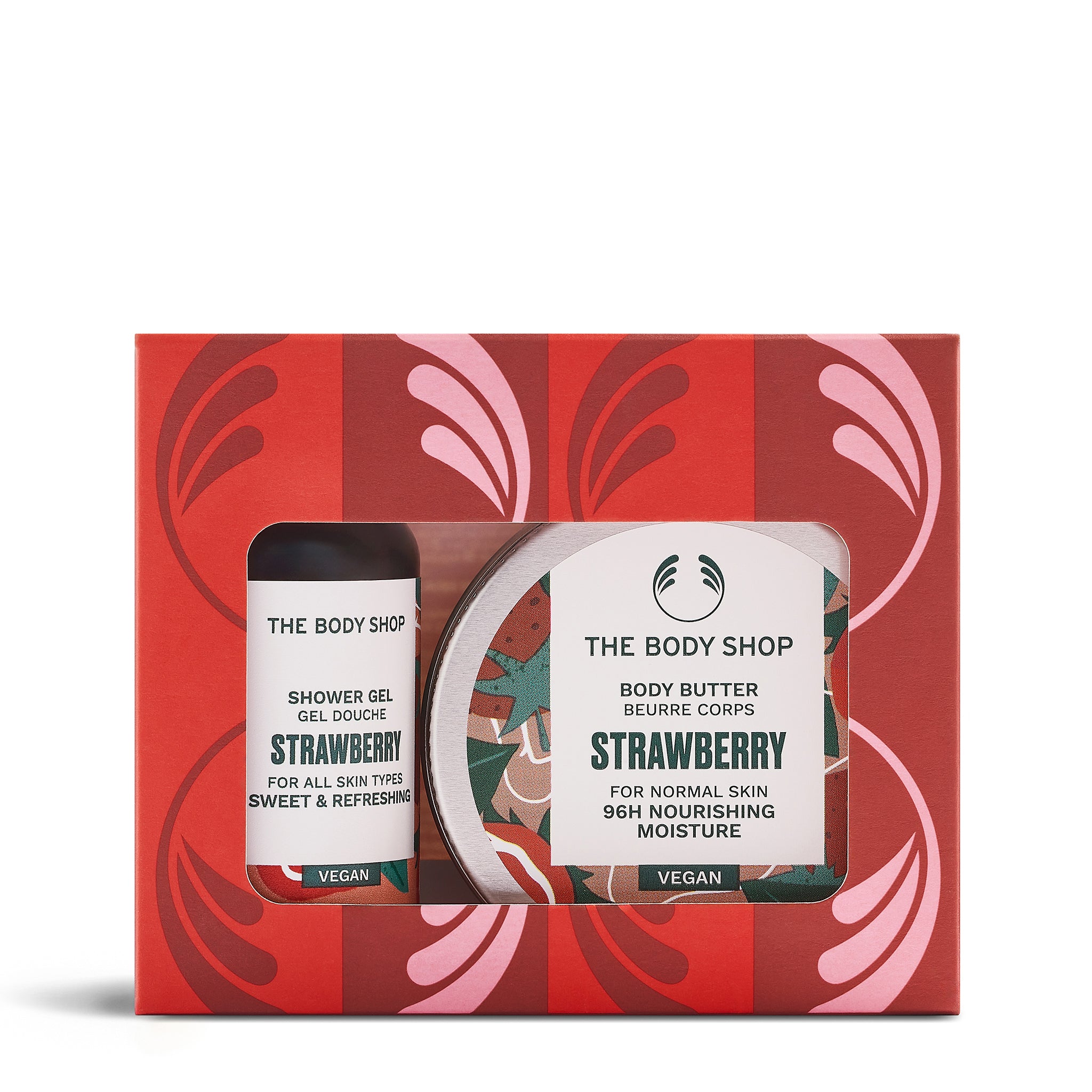 The Body Shop Strawberry mini shower gel and body butter set on a red and pink patterned box.