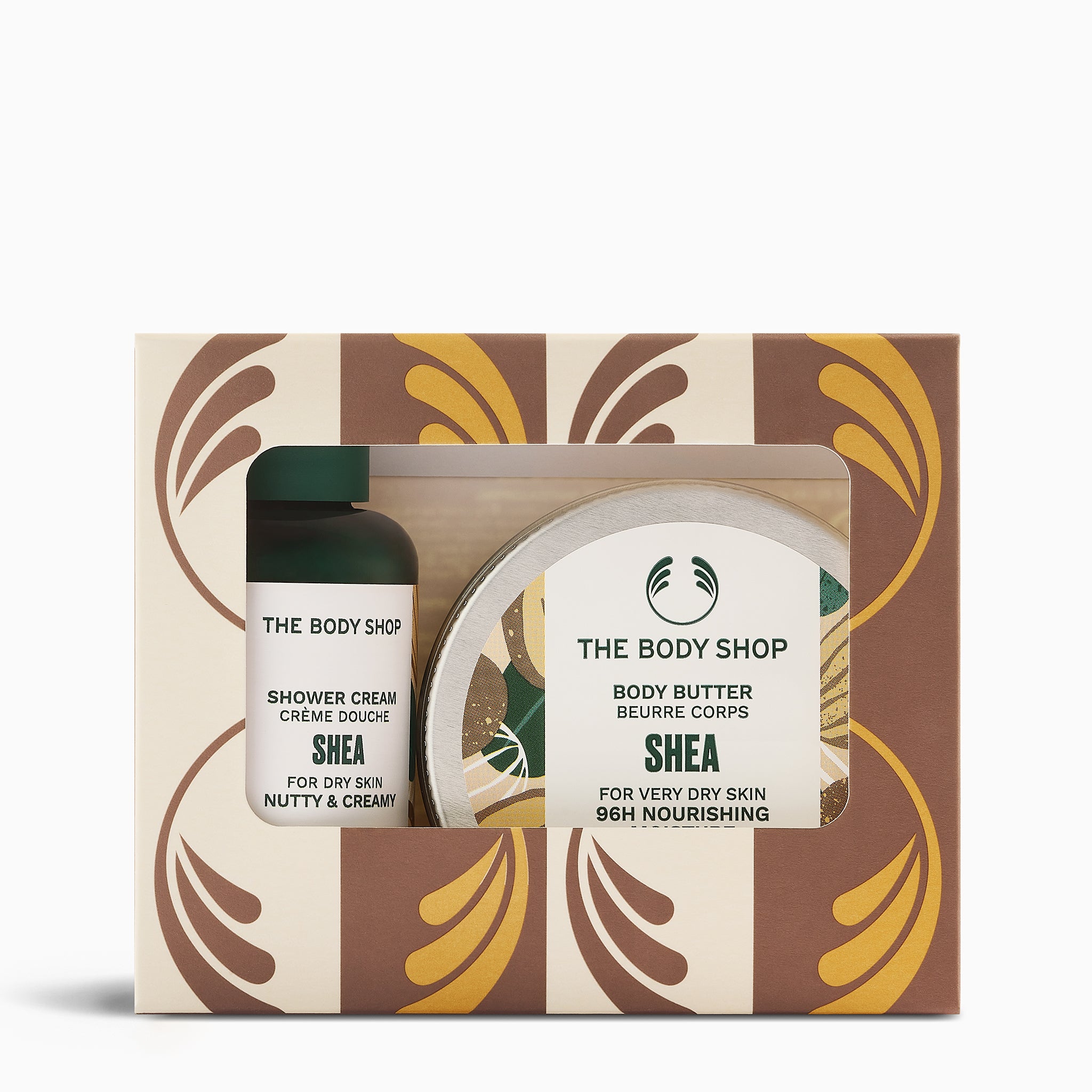 The Body Shop Shea product set with shower cream and body butter in a decorative box.