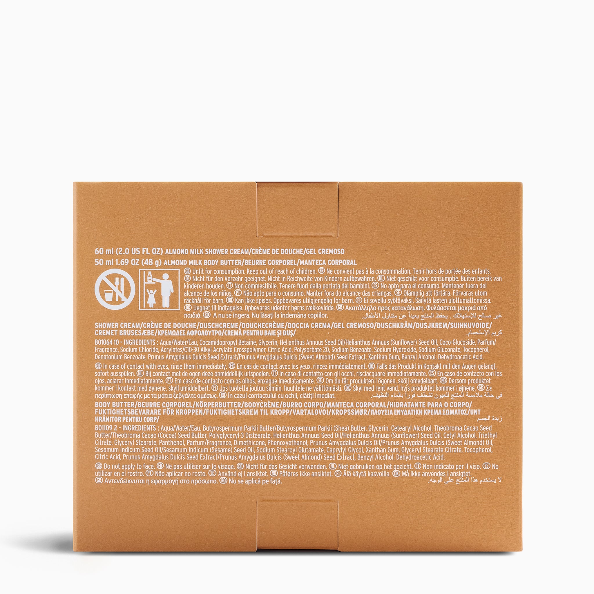 Back view of a brown cardboard box with text and symbols on a white background