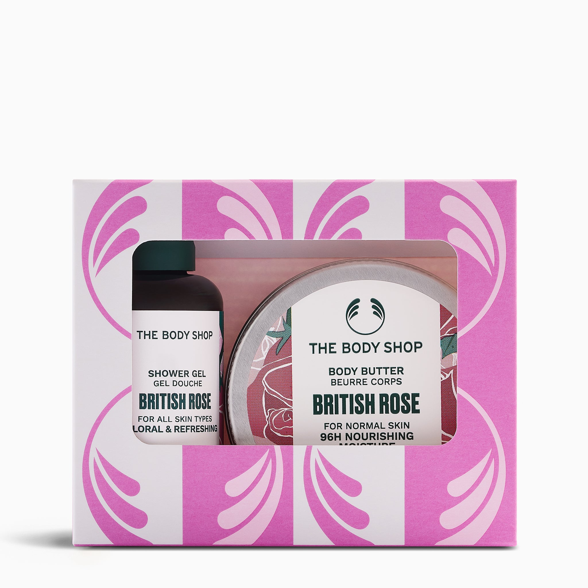 The Body Shop British Rose gift set packaging with shower gel and body butter on a pink and white patterned background.