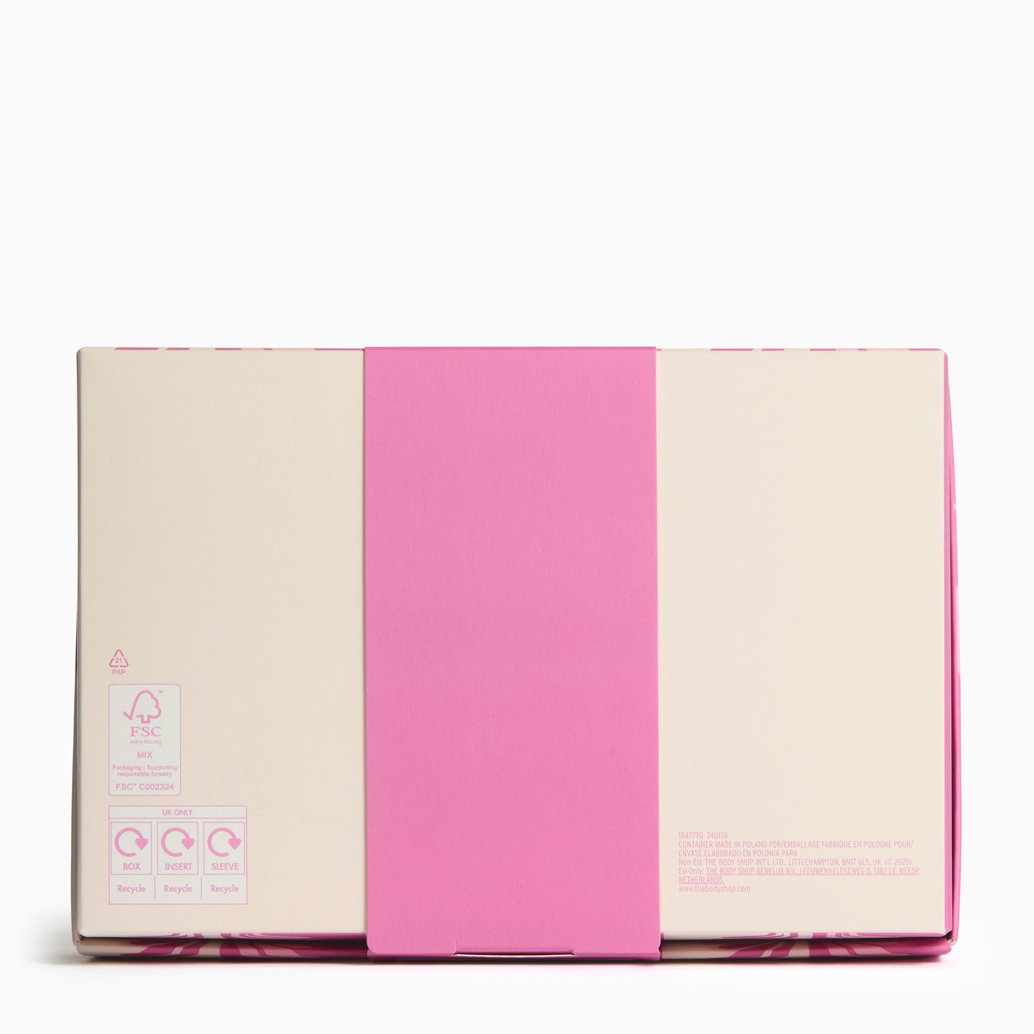 Pink and beige notebook with a visible brand label on a white background